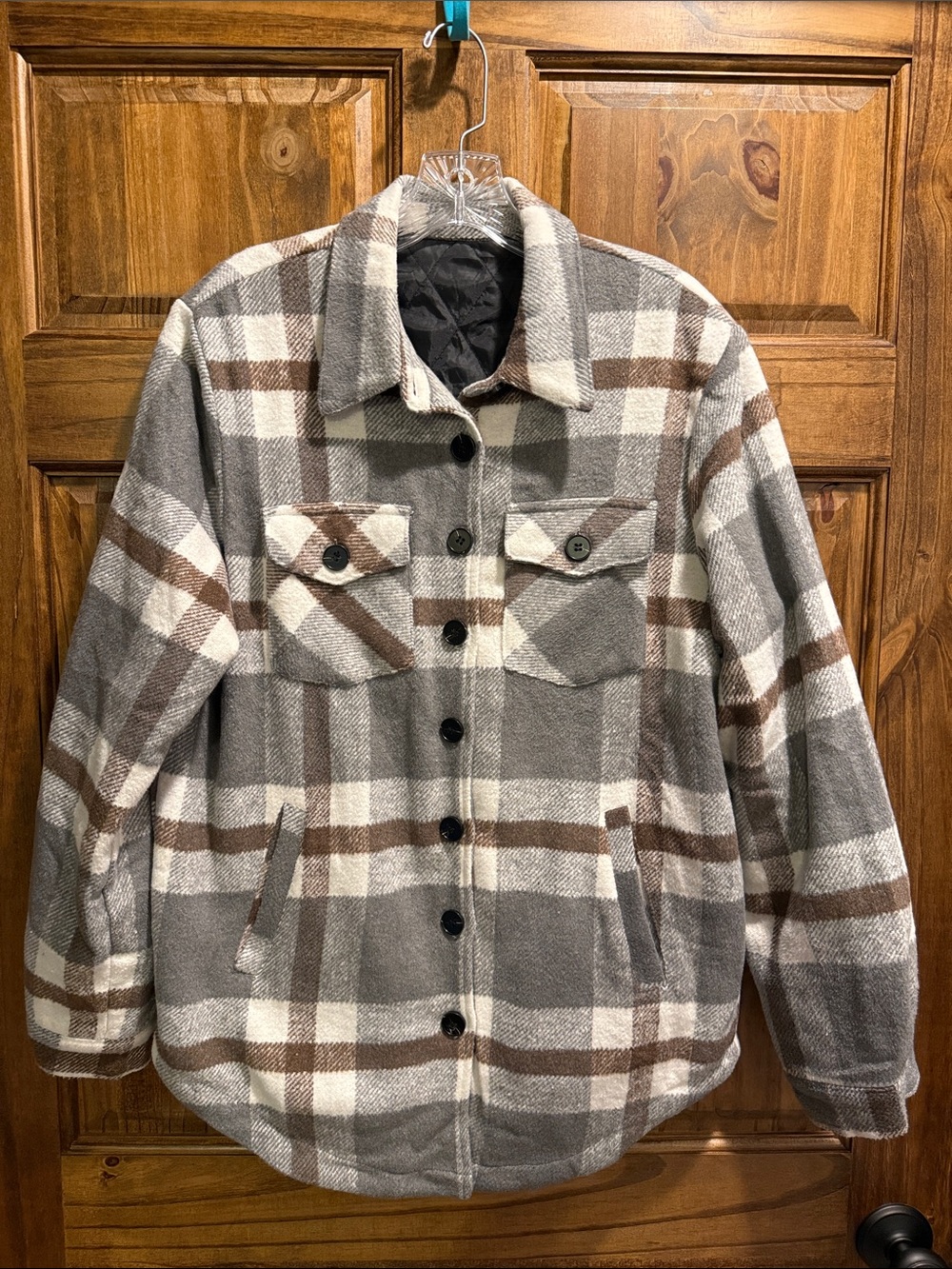 Amazon Gray and Brown Plaid Button-Up Coat Jacket